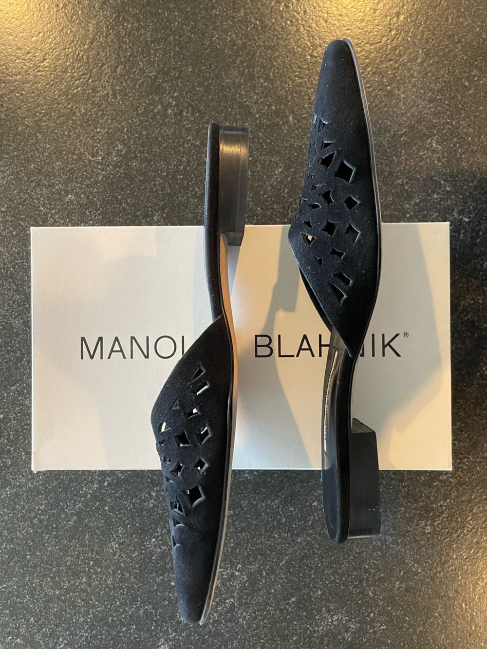 Manolo Blahnik Black Suede Laser-Cut Slip-On Mules